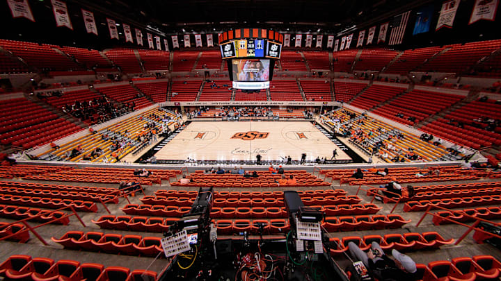 Nov 30, 2023; Stillwater, Oklahoma, USA; Empty stands prior to the game between the Oklahoma State Cowboys and the Creighton Bluejays at Gallagher-Iba Arena. Mandatory Credit: William Purnell-Imagn Images