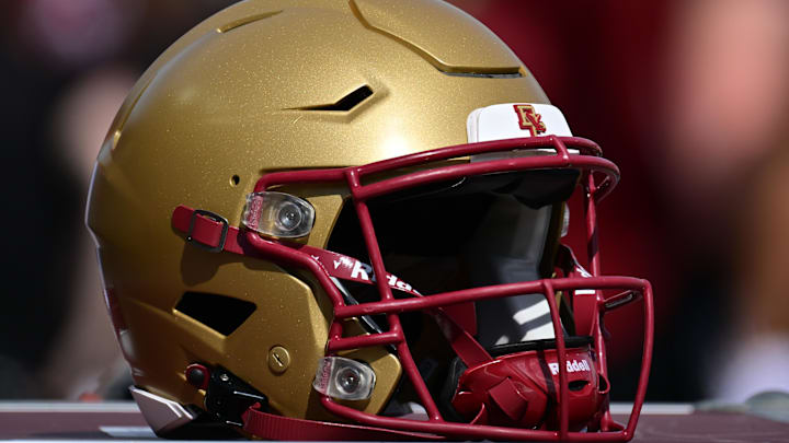 Sep 28, 2024; Chestnut Hill, Massachusetts, USA; A Boston College Eagles helmet sits on an equipment case before the first half against the Western Kentucky Hilltoppers at Alumni Stadium. Mandatory Credit: Eric Canha-Imagn Images
