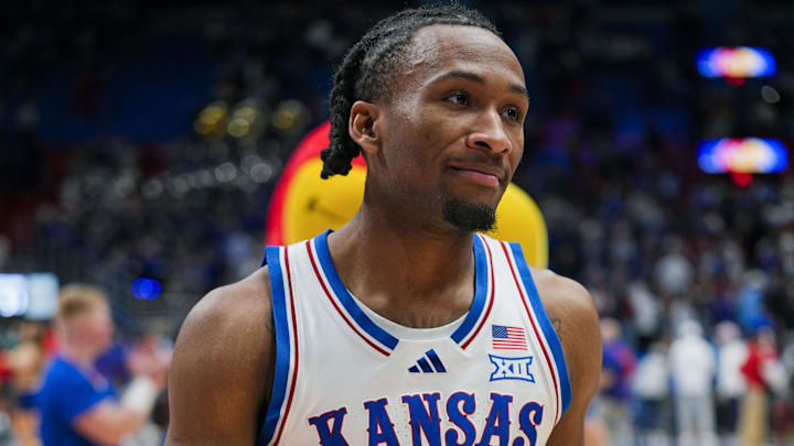 Nov 3, 2025; Lawrence, Kansas, USA; Kansas Jayhawks guard Darryn Peterson (22) reacts after defeating the Green Bay Phoenix at Allen Fieldhouse. Mandatory Credit: Jay Biggerstaff-Imagn Images