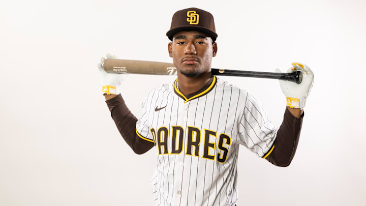 Feb 19, 2025; Peoria, AZ, USA; San Diego Padres infielder Leodalis De Vries poses for a portrait during Media Day at Peoria Sports Complex. Mandatory Credit: Mark J. Rebilas-Imagn Images
