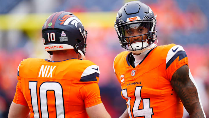 Oct 27, 2024; Denver, Colorado, USA; Denver Broncos quarterback Bo Nix (10) and wide receiver Courtland Sutton (14) before the game against the Carolina Panthers at Empower Field at Mile High. Oct 27, 2024; Denver, Colorado, USA; Denver Broncos quarterback Bo Nix (10) and wide receiver Courtland Sutton (14) before the game against the Carolina Panthers at Empower Field at Mile High.