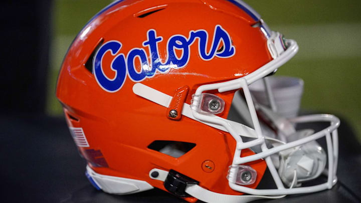 Nov 18, 2023; Columbia, Missouri, USA; A general view of a Florida Gators helmet against the Missouri Tigers during the game at Faurot Field at Memorial Stadium. Mandatory Credit: Denny Medley-Imagn Images