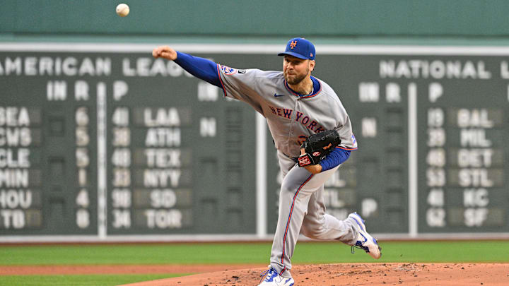 May 21, 2025; Boston, Massachusetts, USA; New York Mets starting pitcher Tylor Megill (38) pitches against the Boston Red Sox during the first inning at Fenway Park. Mandatory Credit: Eric Canha-Imagn Images