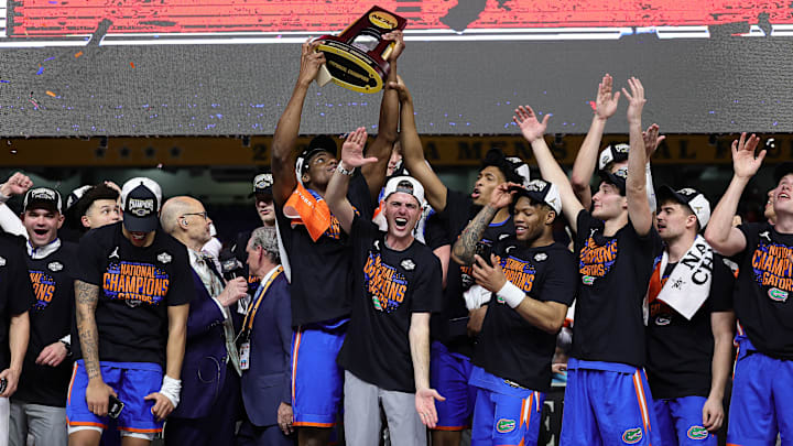 The Florida Gator basketball team celebrates its NCAA National Championship after beating Houston in the title game.