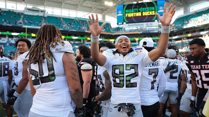 Jan 1, 2026; Miami Gardens, FL, USA; Oregon Ducks punter Ross James (92) celebrates following the 2025 Orange Bowl and quarterfinal game of the College Football Playoff against the Texas Tech Red Raiders at Hard Rock Stadium. Mandatory Credit: Sam Navarro-Imagn Images