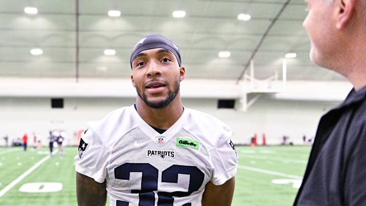 Jun 10, 2025; Foxborough, MA, USA; New England Patriots running back TreVeyon Henderson (32) speaks to the media after minicamp held in the WIN Field House at Gillette Stadium. Mandatory Credit: Eric Canha-Imagn Images