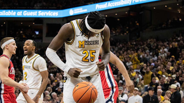 Jan. 25 2025; Columbia, Missouri, USA; Missouri Tigers forward Mark Mitchell celebrates during a game against Ole Miss at Mizzou Arena. 