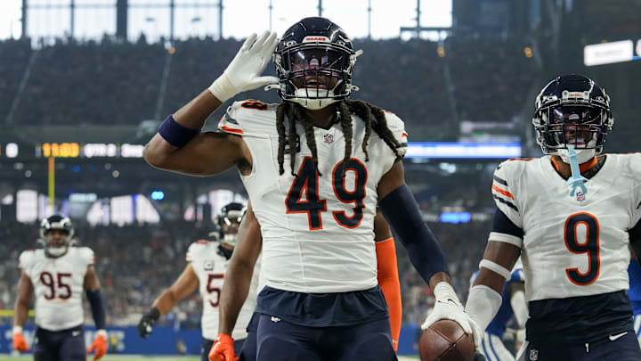 Chicago Bears linebacker Tremaine Edmunds (49) celebrates after making an interception Sunday, Sept. 22, 2024, during a game against the Indianapolis Colts at Lucas Oil Stadium in Indianapolis.