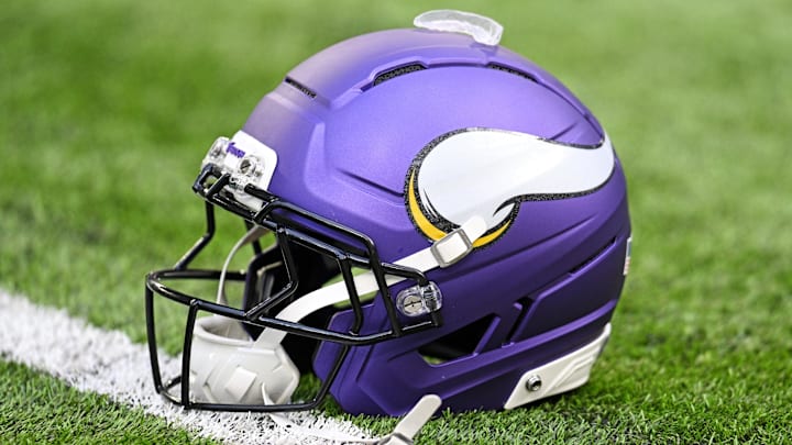 Oct 19, 2025; Minneapolis, Minnesota, USA; A general view of the Minnesota Vikings helmet before the game against the Philadelphia Eagles at U.S. Bank Stadium. Oct 19, 2025; Minneapolis, Minnesota, USA; A general view of the Minnesota Vikings helmet before the game against the Philadelphia Eagles at U.S. Bank Stadium.