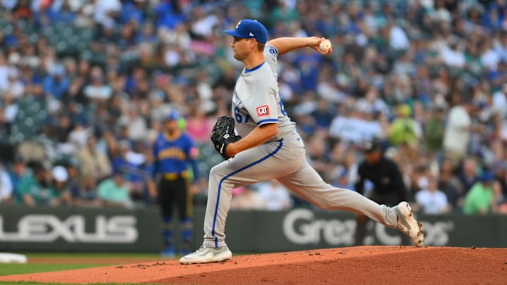 Jul 3, 2025; Seattle, Washington, USA; Kansas City Royals starting pitcher Seth Lugo (67) pitches to the Seattle Mariners during the first inning at T-Mobile Park. Mandatory Credit: Steven Bisig-Imagn Images