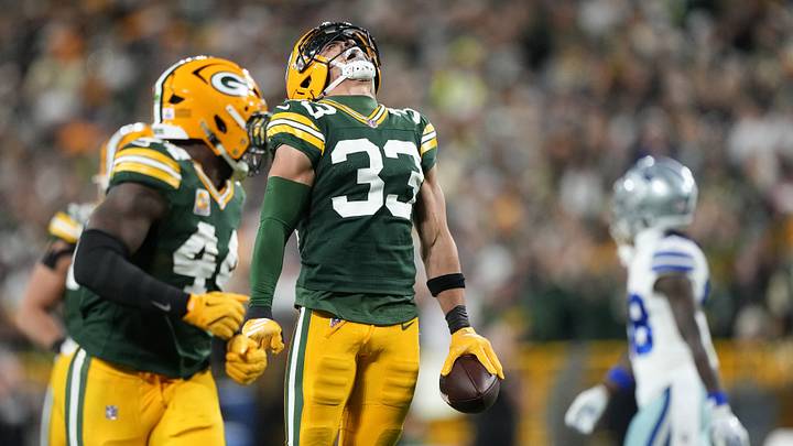 Oct 18, 2026; Green Bay, Wisconsin, USA; Green Bay Packers safety Evan Williams (33) celebrates after making an interception against the Dallas Cowboys during the second quarter at Lambeau Field. Mandatory Credit: Jeff Hanisch-Imagn Images Oct 18, 2026; Green Bay, Wisconsin, USA; Green Bay Packers safety Evan Williams (33) celebrates after making an interception against the Dallas Cowboys during the second quarter at Lambeau Field. Mandatory Credit: Jeff Hanisch-Imagn Images
