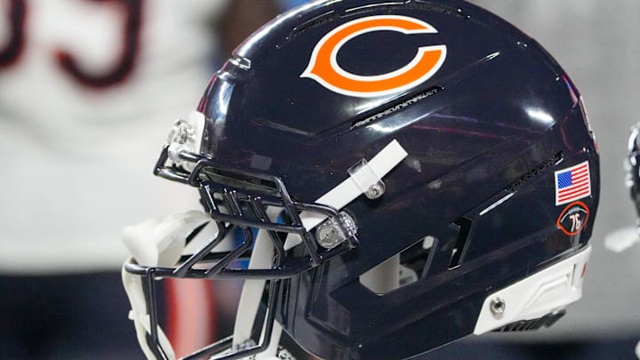 Aug 22, 2025; Kansas City, Missouri, USA; A general view of a Chicago Bears helmet against the Kansas City Chiefs during the second half of the game at GEHA Field at Arrowhead Stadium.