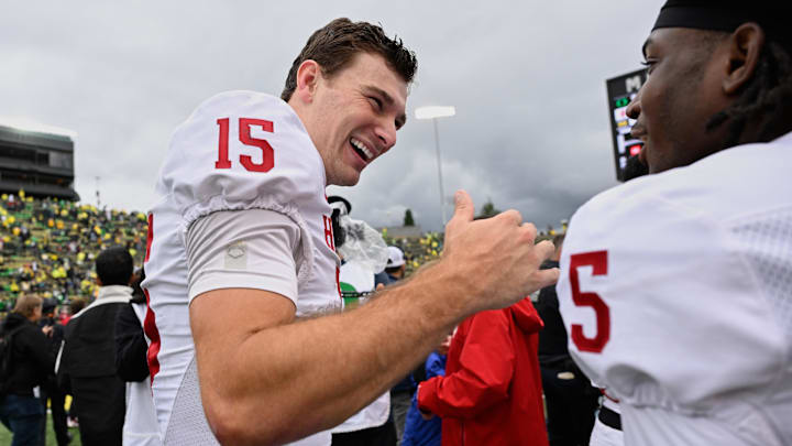 Oct 11, 2025; Eugene, Oregon, USA; Indiana Hoosiers quarterback Fernando Mendoza (15) celebrates with defensive back D'Angelo Ponds (5) after defeating the Oregon Ducks by the score of 30-20 at Autzen Stadium. Mandatory Credit: Troy Wayrynen-Imagn Images