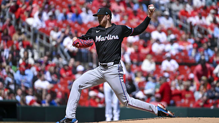 Apr 6, 2024; St. Louis, Missouri, USA;  Miami Marlins starting pitcher Trevor Rogers (28) pitches
