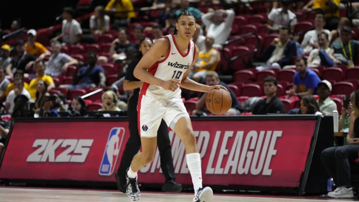 Jul 12, 2024; Las Vegas, NV, USA;  Washington Wizards forward Kyshawn George (18) drives the ball against the Atlanta Hawks during the second half at Thomas & Mack Center. Mandatory Credit: Lucas Peltier-USA TODAY Sports