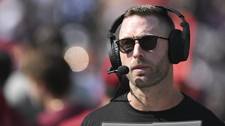 Oct 13, 2024; Baltimore, Maryland, USA;  Washington Commanders offensive coordinator Kliff Kingsbury on the sidelines during the first half against the Baltimore Ravens at M&T Bank Stadium. Mandatory Credit: Tommy Gilligan-Imagn Images