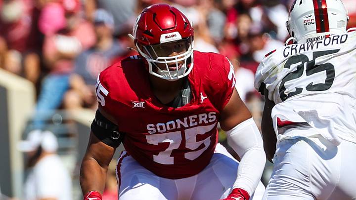 Sep 2, 2023; Norman, Oklahoma, USA; Oklahoma Sooners offensive lineman Walter Rouse (75) in action against the Arkansas State Red Wolves at Gaylord Family-Oklahoma Memorial Stadium. Mandatory Credit: Kevin Jairaj-USA TODAY Sports Sep 2, 2023; Norman, Oklahoma, USA; Oklahoma Sooners offensive lineman Walter Rouse (75) in action against the Arkansas State Red Wolves at Gaylord Family-Oklahoma Memorial Stadium. Mandatory Credit: Kevin Jairaj-USA TODAY Sports