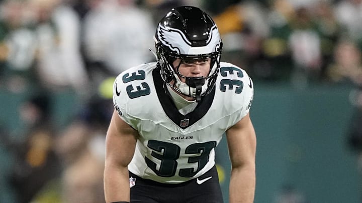 Nov 10, 2025; Green Bay, Wisconsin, USA;  Philadelphia Eagles defensive back Cooper DeJean (33) during the game against the Green Bay Packers at Lambeau Field. Mandatory Credit: Jeff Hanisch-Imagn Images