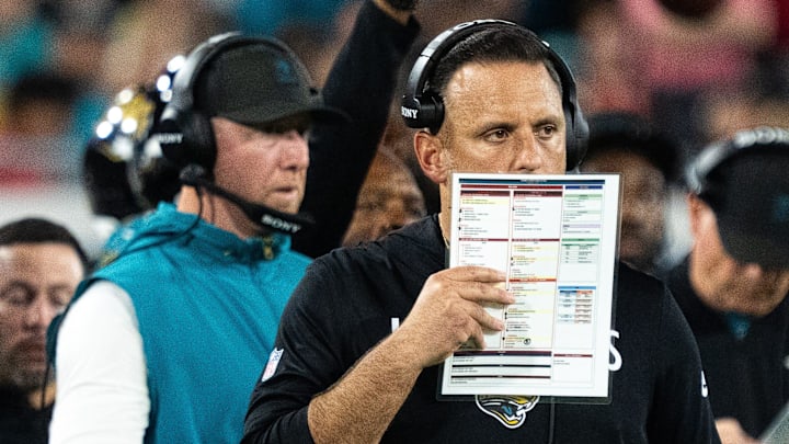 Jacksonville Jaguars defensive coordinator Anthony Campanile calls a play during a Monday Night NFL football game at EverBank Stadium, Monday, Oct. 6, 2025, in Jacksonville, Fla. [Doug EngleFlorida Times-Union]