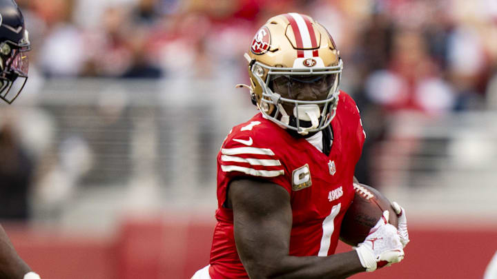 November 17, 2024; Santa Clara, California, USA; San Francisco 49ers wide receiver Deebo Samuel Sr. (1) runs the football against the Seattle Seahawks during the fourth quarter at Levi's Stadium. Mandatory Credit: Kyle Terada-Imagn Images November 17, 2024; Santa Clara, California, USA; San Francisco 49ers wide receiver Deebo Samuel Sr. (1) runs the football against the Seattle Seahawks during the fourth quarter at Levi's Stadium. Mandatory Credit: Kyle Terada-Imagn Images