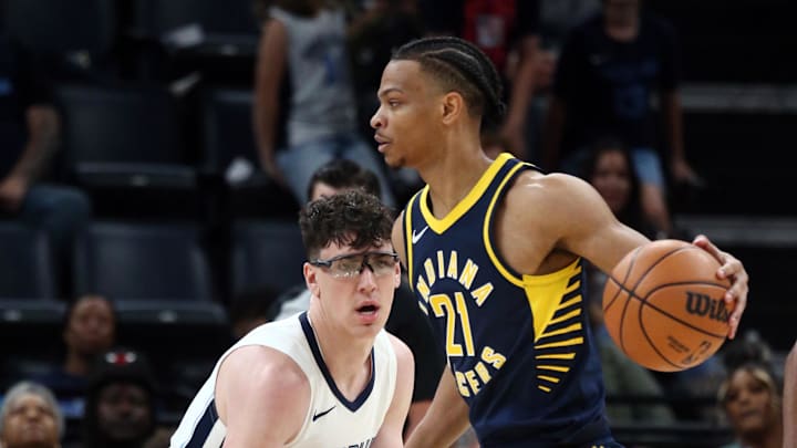Oct 8, 2023; Memphis, Tennessee, USA; Memphis Grizzlies forward Jake LaRavia (3) defends against Indiana Pacers guard Isaiah Wong (21) during the second half at FedExForum. Mandatory Credit: Petre Thomas-Imagn Images Oct 8, 2023; Memphis, Tennessee, USA; Memphis Grizzlies forward Jake LaRavia (3) defends against Indiana Pacers guard Isaiah Wong (21) during the second half at FedExForum. Mandatory Credit: Petre Thomas-Imagn Images