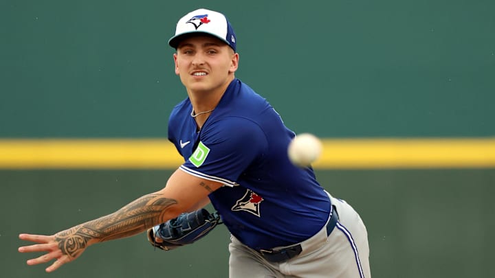 Mar 21, 2024; Bradenton, Florida, USA; Toronto Blue Jays pitcher Ricky Tiedemann (70) throws a pitch