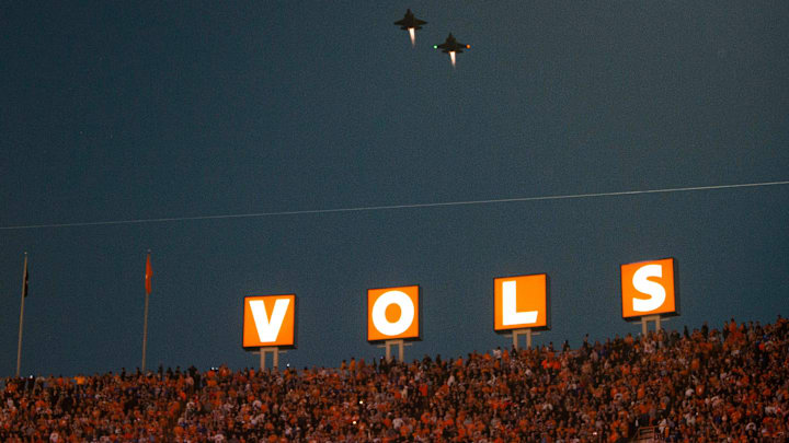 F35s from the U.S. Air Force's 33rd Fighter Wing at Eglin Air Force Base in Okaloosa County, Florida flyover Neyland Stadium at the start of the NCAA college football game between Tennessee and Kentucky on Saturday, October 29, 2022 in Knoxville, Tenn. 