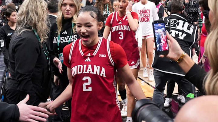 Indiana Hoosiers guard Nevaeh Caffey (2) walks off the court after her team defeats the Nebraska Cornhuskers during a Big Ten women's basketball tournament game Wednesday, March 4, 2026, at Gainbridge Fieldhouse in Indianapolis. Indiana defeated Nebraska 72-69.