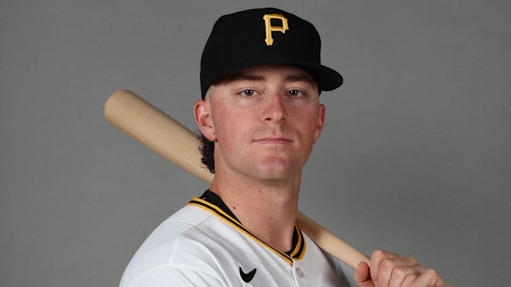 Feb 18, 2026; Bradenton, FL, USA; Pittsburgh Pirates outfielder Mitch Jebb (92) poses for a photo during media day at Pirate City. Mandatory Credit: Kim Klement Neitzel-Imagn Images