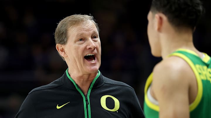 Dana Altman coaches up West Linn grad Jackson Shelstad in the Ducks' 80-73 win over Washington on Sunday. They take on Indiana this morning in their first-ever Big Ten Tournament.