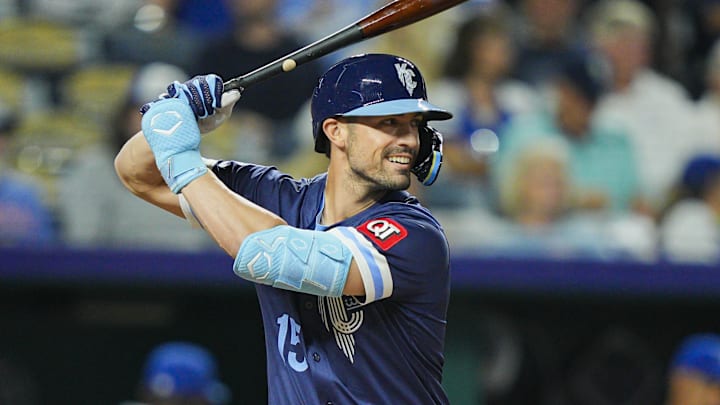 Sep 19, 2025; Kansas City, Missouri, USA; Kansas City Royals right fielder Randal Grichuk (15) bats during the seventh inning against the Toronto Blue Jays at Kauffman Stadium. Mandatory Credit: Jay Biggerstaff-Imagn Images Sep 19, 2025; Kansas City, Missouri, USA; Kansas City Royals right fielder Randal Grichuk (15) bats during the seventh inning against the Toronto Blue Jays at Kauffman Stadium. Mandatory Credit: Jay Biggerstaff-Imagn Images