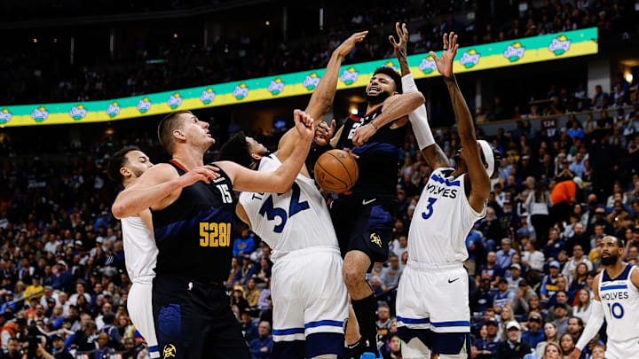 May 6, 2024; Denver, Colorado, USA; Denver Nuggets guard Jamal Murray (27) loses control of the ball