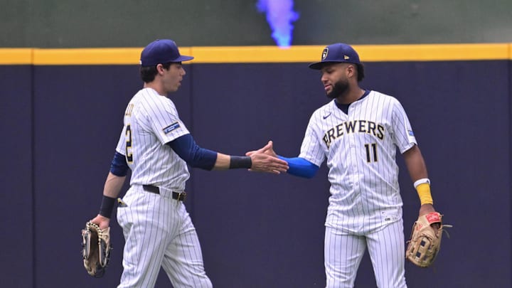 Jul 13, 2025; Milwaukee, Wisconsin, USA; Milwaukee Brewers center fielder Jackson Chourio (11) and left fielder Christian Yelich (22) celebrate after beating the Washington Nationals at American Family Field. Mandatory Credit: Benny Sieu-Imagn Images Jul 13, 2025; Milwaukee, Wisconsin, USA; Milwaukee Brewers center fielder Jackson Chourio (11) and left fielder Christian Yelich (22) celebrate after beating the Washington Nationals at American Family Field. Mandatory Credit: Benny Sieu-Imagn Images