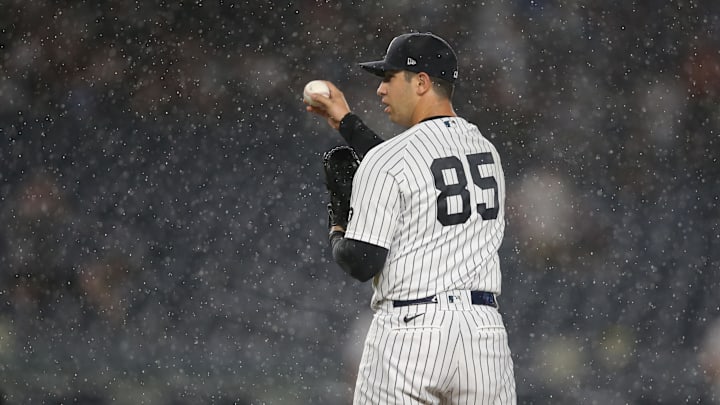 Jun 30, 2021; Bronx, New York, USA; New York Yankees relief pitcher Luis Cessa (85) prepares to pitch against the Los Angeles Angels during the fifth inning at Yankee Stadium. Mandatory Credit: Brad Penner-Imagn Images