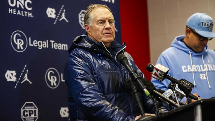 North Carolina Tar Heels head coach Bill Belichick addresses the media after the second half of the game against the NC State Wolfpack North Carolina Tar Heels head coach Bill Belichick addresses the media after the second half of the game against the NC State Wolfpack