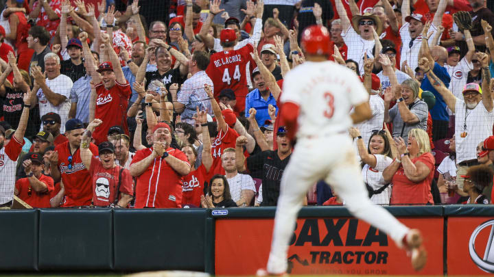 Jun 12, 2024; Cincinnati, Ohio, USA; Fans react after Cincinnati Reds third baseman Jeimer Candelario (3) hits a three-run home run in the sixth inning against the Cleveland Guardians at Great American Ball Park. Mandatory Credit: Katie Stratman-USA TODAY Sports