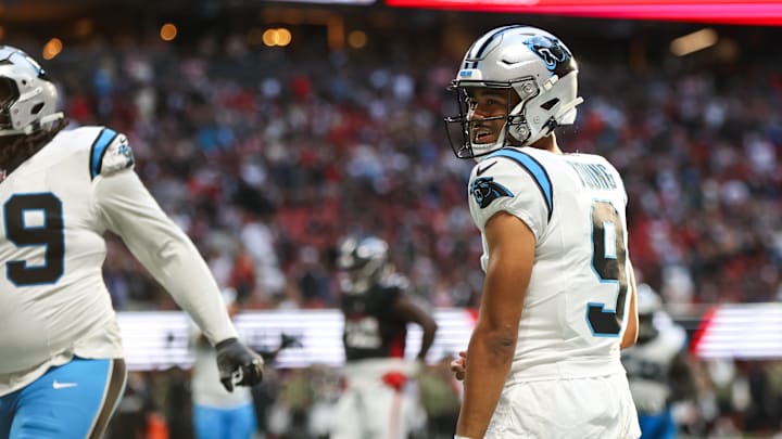 Nov 16, 2025; Atlanta, Georgia, USA; Carolina Panthers quarterback Bryce Young (9) reacts to a touchdown in the fourth quarter against the Atlanta Falcons at Mercedes-Benz Stadium. Mandatory Credit: Brett Davis-Imagn Images