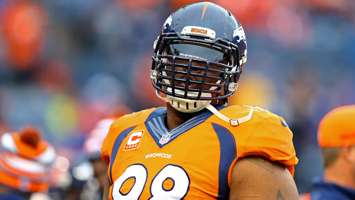 Jan 11, 2015; Denver, CO, USA; Denver Broncos defensive tackle Terrance Knighton (98) against the Indianapolis Colts in the 2014 AFC Divisional playoff football game at Sports Authority Field at Mile High. The Colts defeated the Broncos 24-13. Mandatory Credit: Mark J. Rebilas-Imagn Images