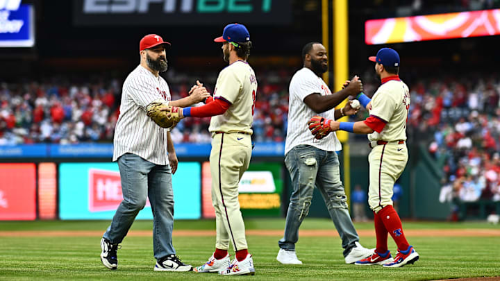 Mar 30, 2024; Philadelphia, Pennsylvania, USA; Former Philadelphia Eagles Jason Kelce and Fletcher Cox greet Philadelphia Phillies first baseman Bryce Harper (3) and designated hitter Kyle Schwarber (12) before the game against the Atlanta Braves at Citizens Bank Park. Mandatory Credit: Kyle Ross-Imagn Images Mar 30, 2024; Philadelphia, Pennsylvania, USA; Former Philadelphia Eagles Jason Kelce and Fletcher Cox greet Philadelphia Phillies first baseman Bryce Harper (3) and designated hitter Kyle Schwarber (12) before the game against the Atlanta Braves at Citizens Bank Park. Mandatory Credit: Kyle Ross-Imagn Images