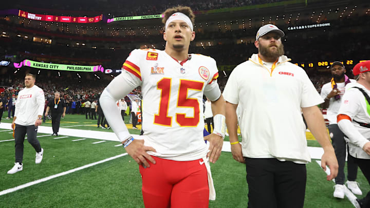 Feb 9, 2025; New Orleans, LA, USA; Kansas City Chiefs quarterback Patrick Mahomes (15) reacts after losing to the Philadelphia Eagles in Super Bowl LIX at Ceasars Superdome. Mandatory Credit: Mark J. Rebilas-Imagn Images