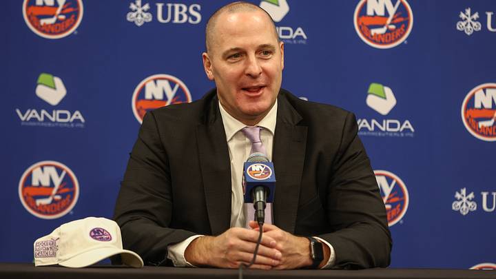Nov 22, 2025; Elmont, New York, USA; New York Islanders General Manager Mathieu Darche speaks with fans at a pre-game event prior to the game against the St. Louis Blues at UBS Arena. Nov 22, 2025; Elmont, New York, USA; New York Islanders General Manager Mathieu Darche speaks with fans at a pre-game event prior to the game against the St. Louis Blues at UBS Arena.