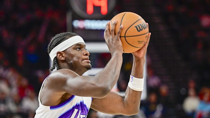 Oct 16, 2025; Salt Lake City, Utah, USA; Utah Jazz forward Taylor Hendricks (0) lines up his shot during the second half against the Portland Trail Blazers at Delta Center. Mandatory Credit: Peter Creveling-Imagn Images