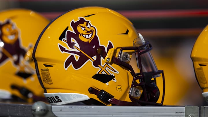 Nov 25, 2022; Tucson, Arizona, USA; Detailed view of an Arizona State Sun Devils helmet during the Territorial Cup at Arizona Stadium. Mandatory Credit: Mark J. Rebilas-Imagn Images