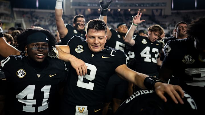 Vanderbilt quarterback Diego Pavia (2) celebrates after defeating Ball State 24-14 at FirstBank Stadium in Nashville, Tenn., Saturday, Oct. 19, 2024. Vanderbilt quarterback Diego Pavia (2) celebrates after defeating Ball State 24-14 at FirstBank Stadium in Nashville, Tenn., Saturday, Oct. 19, 2024.