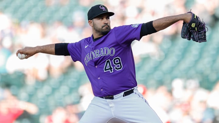 May 20, 2025; Denver, Colorado, USA; Colorado Rockies starting pitcher Antonio Senzatela (49) pitches in the first inning against the Philadelphia Phillies at Coors Field. Mandatory Credit: Isaiah J. Downing-Imagn Images