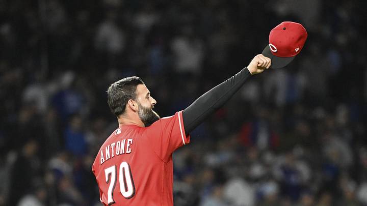 May 6, 2026; Chicago, Illinois, USA;  Cincinnati Reds pitcher Tejay Antone (70) points to the outfield after a catch during the eighth inning against the Chicago Cubs at Wrigley Field. Mandatory Credit: Matt Marton-Imagn Images