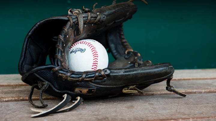 A Rawlings baseball, the official ball of Major League Baseball.