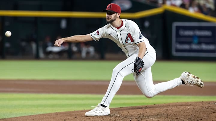Apr 22, 2025; Phoenix, Arizona, USA; Arizona Diamondbacks pitcher Ryan Thompson in the seventh inning against the Tampa Bay Rays at Chase Field. Mandatory Credit: Mark J. Rebilas-Imagn Images Apr 22, 2025; Phoenix, Arizona, USA; Arizona Diamondbacks pitcher Ryan Thompson in the seventh inning against the Tampa Bay Rays at Chase Field. Mandatory Credit: Mark J. Rebilas-Imagn Images