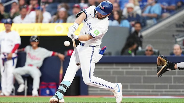 Toronto Blue Jays designated hitter Spencer Horwitz (48) hits a double against the Philadelphia Phillies during the first inning at Rogers Centre. 