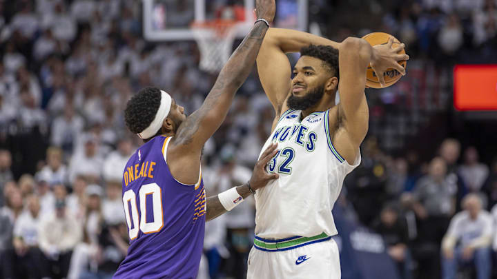 Apr 20, 2024; Minneapolis, Minnesota, USA; Minnesota Timberwolves center Karl-Anthony Towns (32)